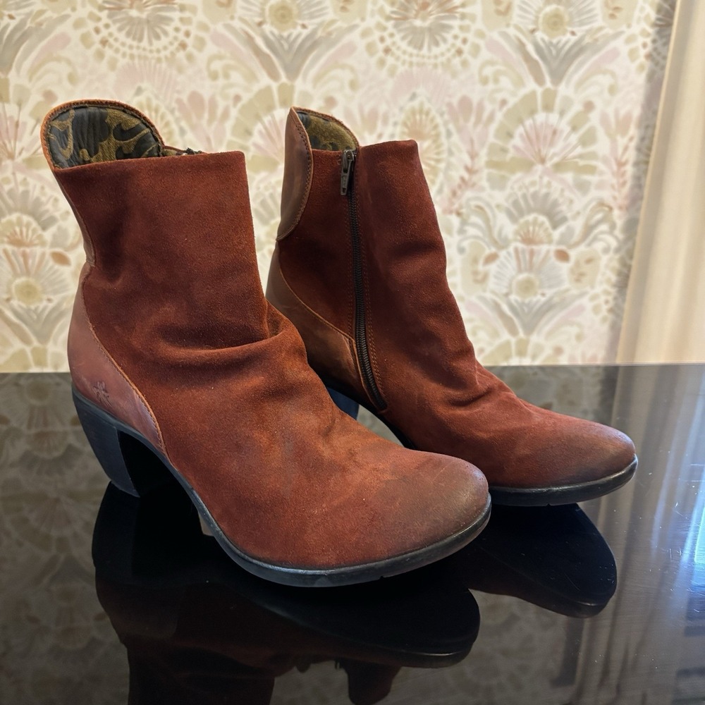 Fly London Women's‎ Hota Suede Leather Heeled Ankle Boots Size 42 /11 Red Orange